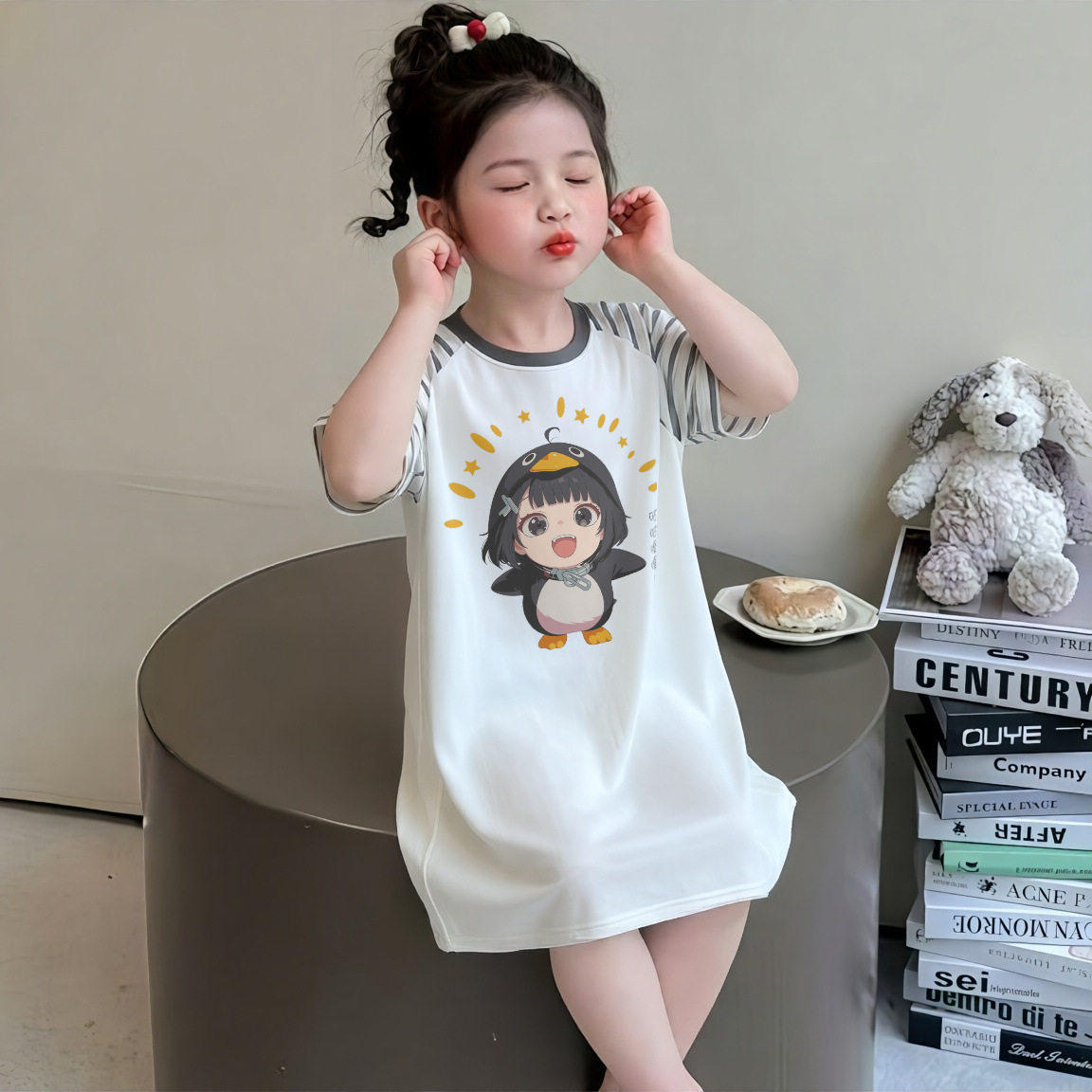 咕咕嘎嘎企鹅衣服童装女睡裙2026仿棉儿童女孩睡衣短袖大童家居服