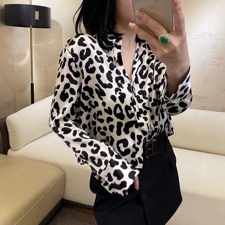 春夏款！重磅真丝缎衬衫时尚豹纹斑点印花桑蚕丝短款宽松衬衣女潮