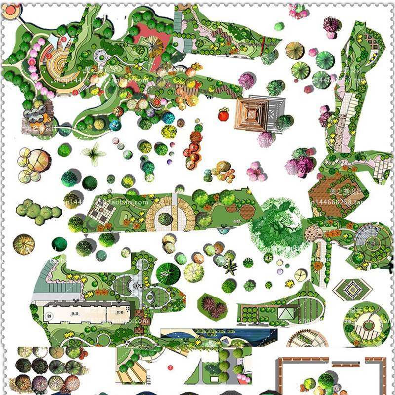 园林景观彩平图psd素材 室外植物假山凉亭花坛小品彩色平面图ps全