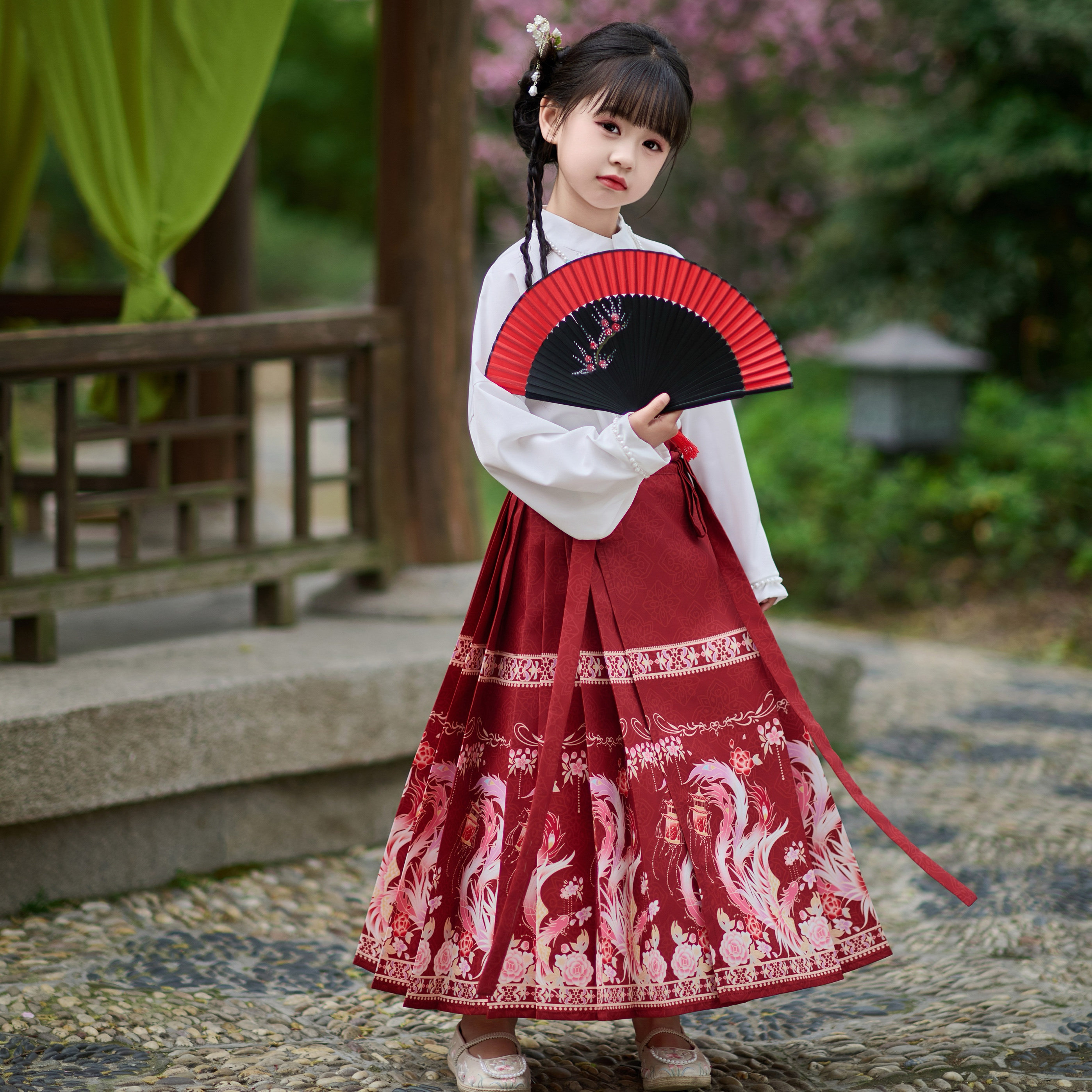 女童新款凤凰马面裙春夏秋款中国风套装儿童红色汉服长短袖衬衫