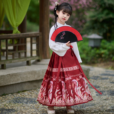 女童新款凤凰马面裙春夏秋款中国风套装儿童红色汉服长短袖衬衫