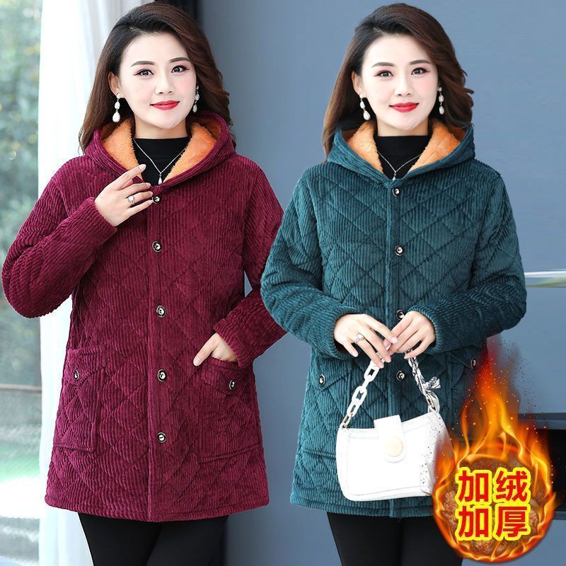 四川省省服中老年女冬装中长款加绒加厚外套妈妈加绒连帽保暖棉袄