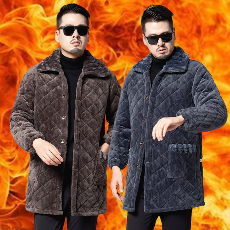 四川省服秋冬季男士长款棉衣夹棉加绒加厚棉服宽松翻领中老年棉袄