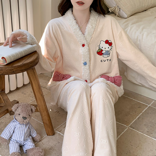 女可爱睡衣简约薄款海岛绒家套装