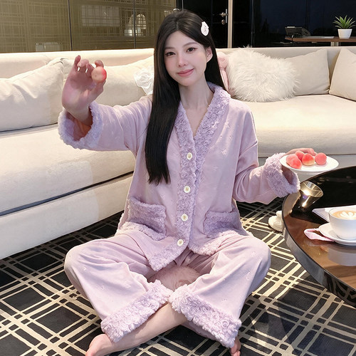 海岛绒睡衣女2026新款秋冬季加厚薄绒保暖珊瑚绒高级感家居服套装