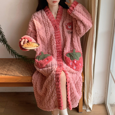珊瑚绒睡衣女秋冬季加厚甜美睡袍