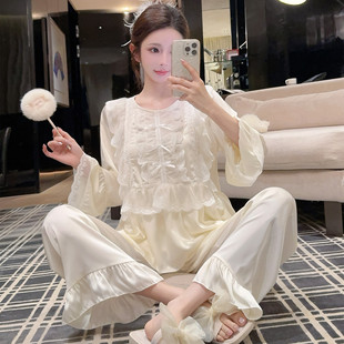 2026新款冰丝性感蕾丝睡衣女士春秋夏季公主风长袖丝绸家居服套装
