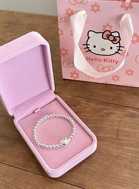 甜美风Kitty猫吊坠手链女999纯银圆珠手串闺蜜儿童生日礼物银饰品
