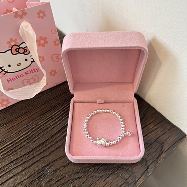 正品999纯银圆珠手链女可爱哈喽Kitty吊坠银手串儿童大人生日礼物