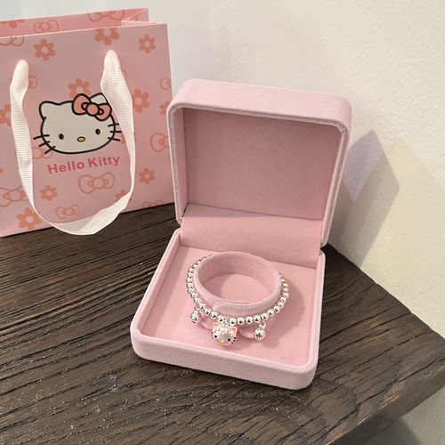 999纯银圆珠手链女俏皮可爱哈喽Kitty银吊坠手串儿童大人生日礼物