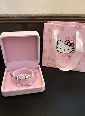 生日礼物999足银Kitty猫镯子女生可爱蝴蝶结活口银手镯学生送姐妹