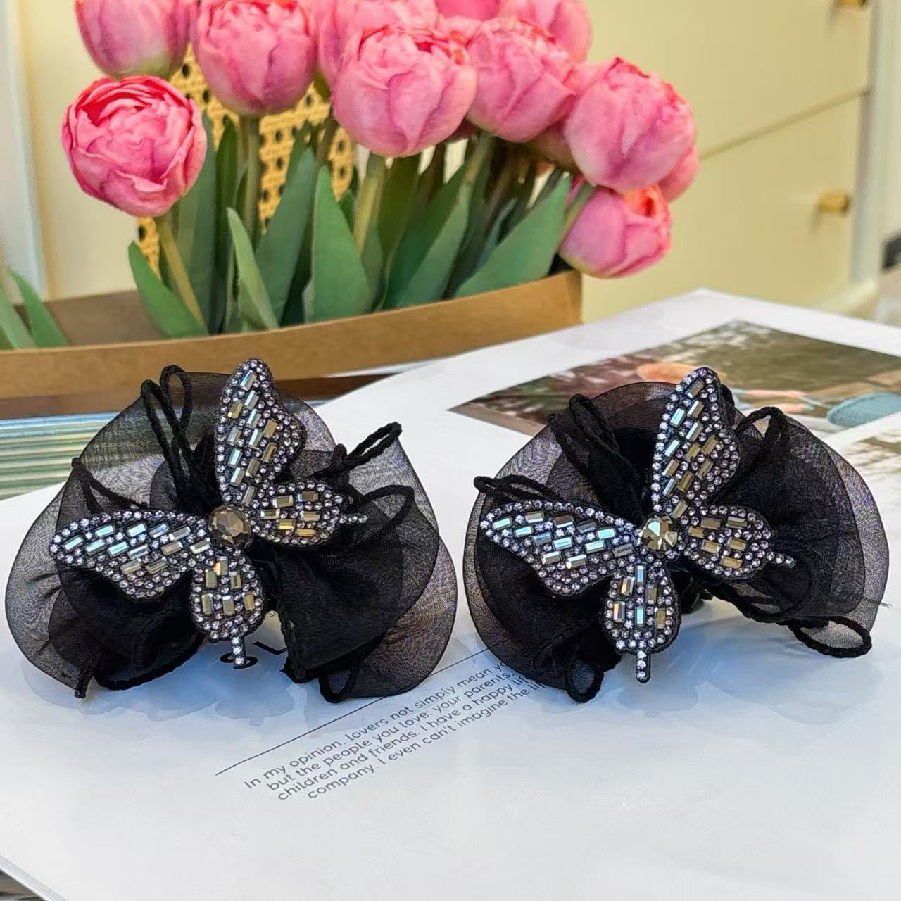 简约轻奢高级感千金风原创设计AB面蝴蝶网纱发夹7cm