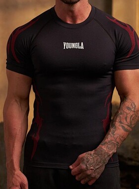 2026 YA肌肉健身衣服男运动训练速干印花短袖春秋季紧身T恤男装