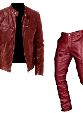 外贸秋冬男士Cosplay套装皮衣皮裤两件套PU皮质休闲套装中世纪服
