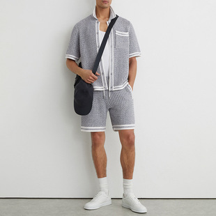 欧美春夏新款男士针织拼接翻领衬衫休闲运动短裤套装高品质健身