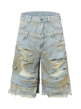 美式高街重工破洞牛仔短裤 假两件做旧毛边工装潮牌宽松阔腿中裤