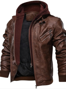 欧美健身潮流嘻哈复古机车PU皮夹克秋冬季可脱卸男士连帽外套拉链