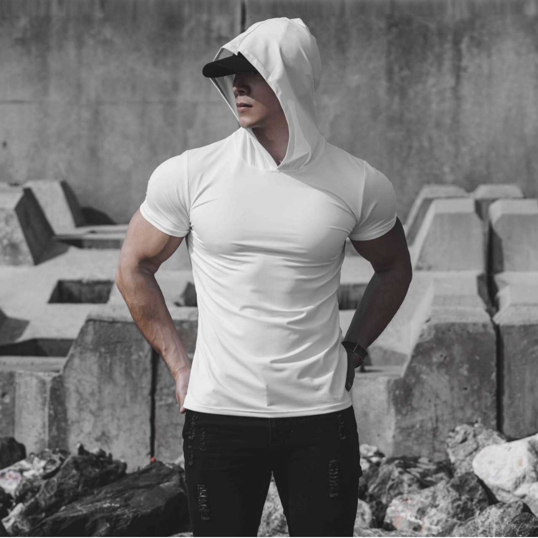 Men's new fitness hooded short sleeve男健身运动跑步连帽短袖