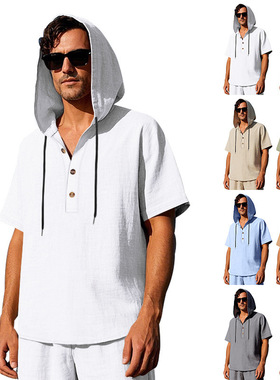 欧美健身男夏季简约宽松休闲潮流亚麻系扣沙滩连帽亨利衫短袖衬衫