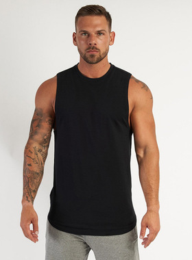 背心男无袖t恤纯棉圆领汗衫运动健身宽松砍袖加大码体恤打底上衣