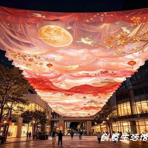 中秋国庆节主题吊顶纱幔波浪网纱景区街道氛围感布置印花纱幔定制
