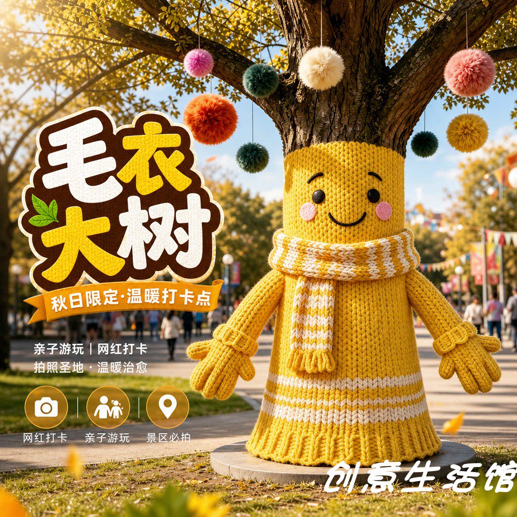 秋季大树穿毛衣多巴胺卡通可爱