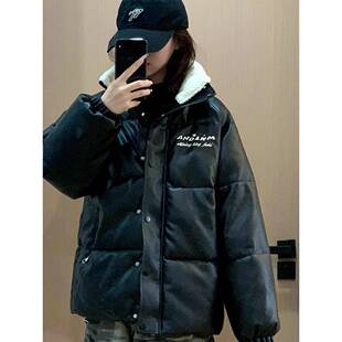 2025冬季百搭pu皮羽绒服女款小个子免洗棉服高级感刺绣面包服棉袄