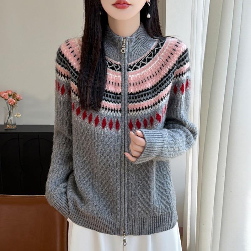 半高领复古拉链100%羊毛衫女秋冬款毛衣提花开衫上衣外套针织衫