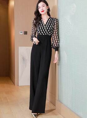 黑白格子连体裤秋季新款女装气质时尚拼接V领长袖显高显瘦阔腿裤
