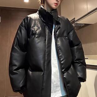 黑色PU皮羽绒服女免洗棉服女小个子宽松显瘦面包服大码ins潮加厚