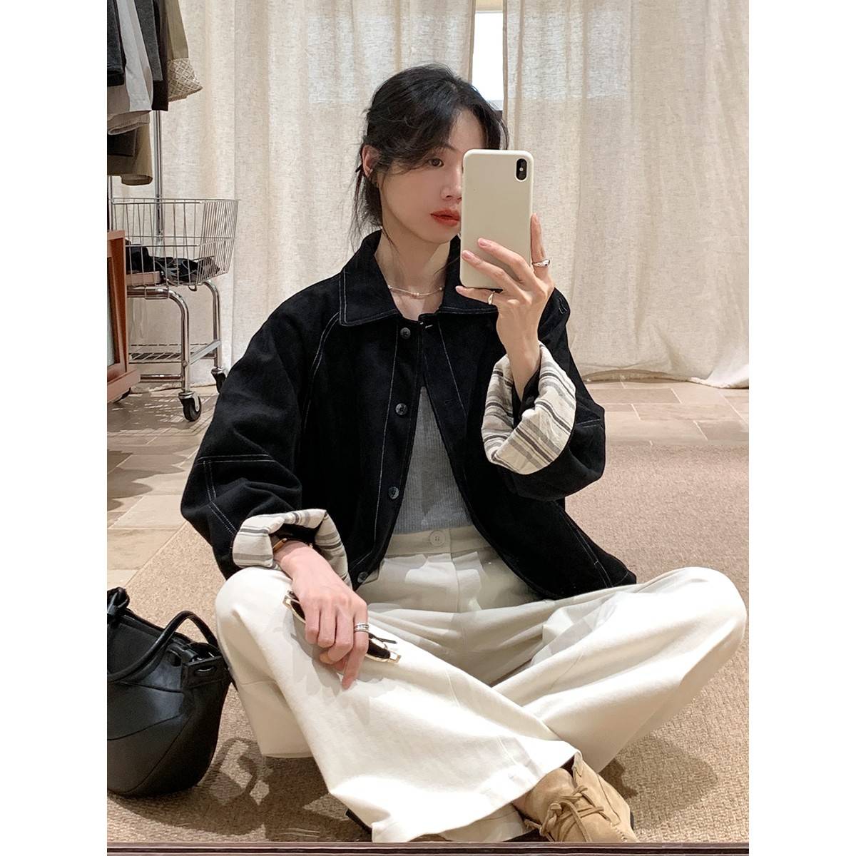 黑色麂皮夹克女士2025春秋季新款韩国风格条纹袖口覆古时尚短夹克