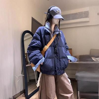 时尚藏青色拼接设计感冬季羽绒服女款加厚保暖面包服宽松百搭棉服
