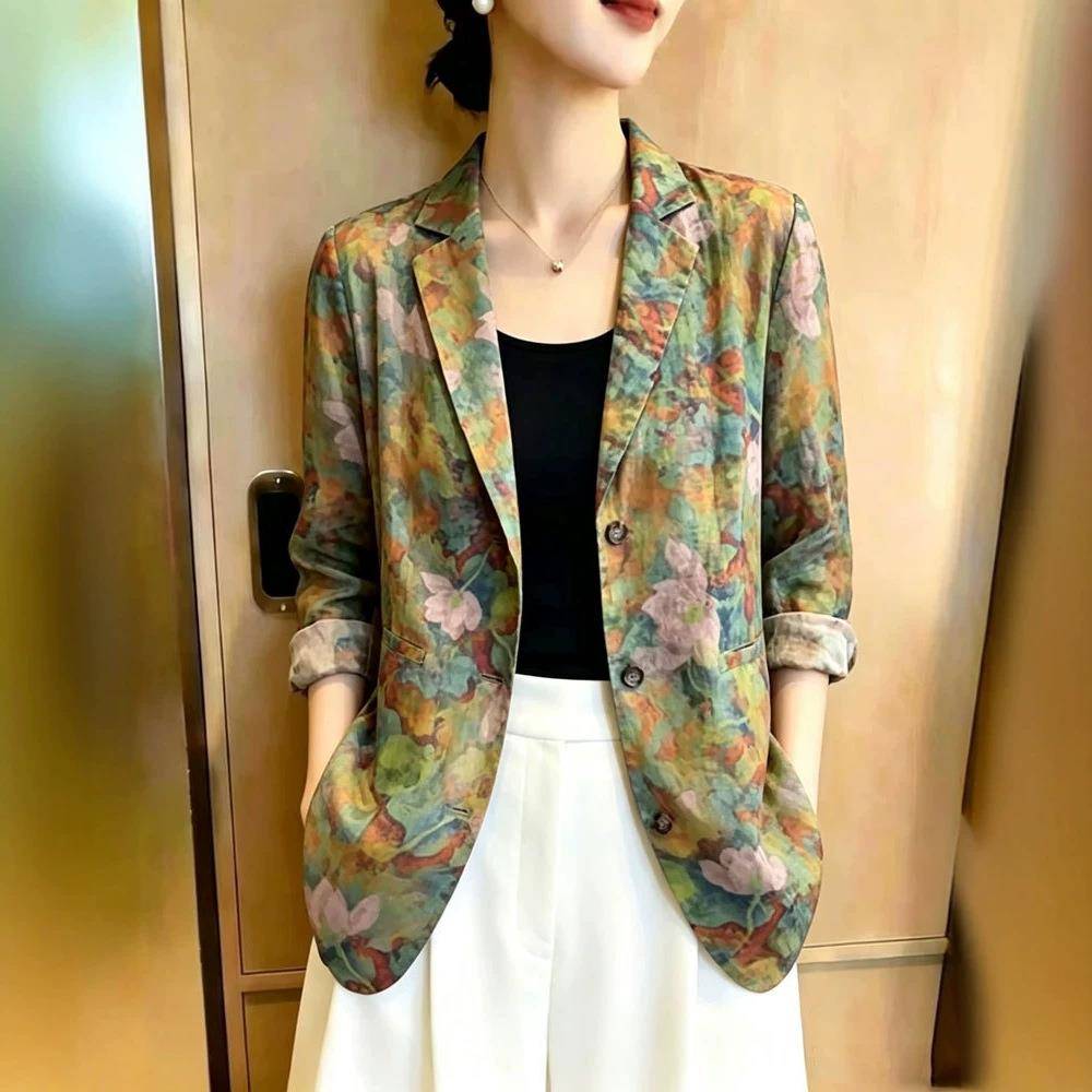 复古印花翻领薄款小西服女早秋季洋气休闲西装时尚宽松休闲上衣