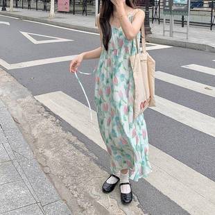 夏日郁金香度假风韩版 百搭甜美晕染花连衣裙 吊带裙2025夏季 时尚