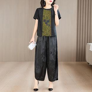 品质保证透气大码 遮肉减龄中年女夏上衣龟裂纹阔腿裤 百搭两件套装