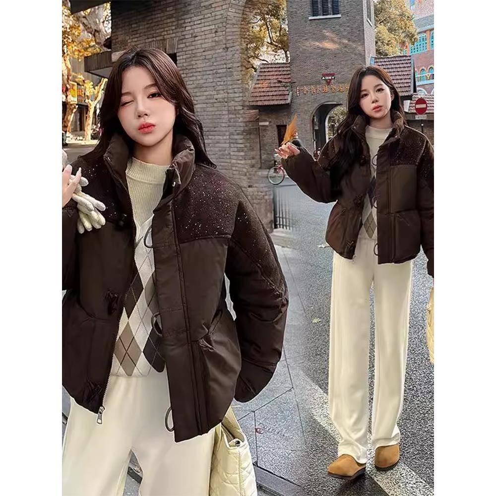 美式冬季小个子拼接羽绒服女款宽松百搭面包服加厚保暖高级感棉服