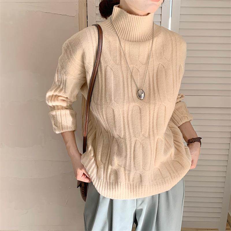 韩国东大门麻花毛衣针织衫复古显瘦内搭半高领套头打底上衣女秋冬