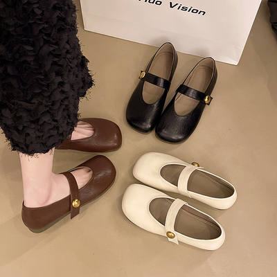 法式复古平底魔术贴玛丽珍鞋女2025年新款春季浅口单鞋方头小皮鞋