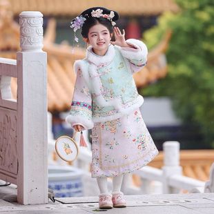 加厚小女孩格格旗袍套装 冬款 格格服女童 汉服拜年国风女童古装 新款