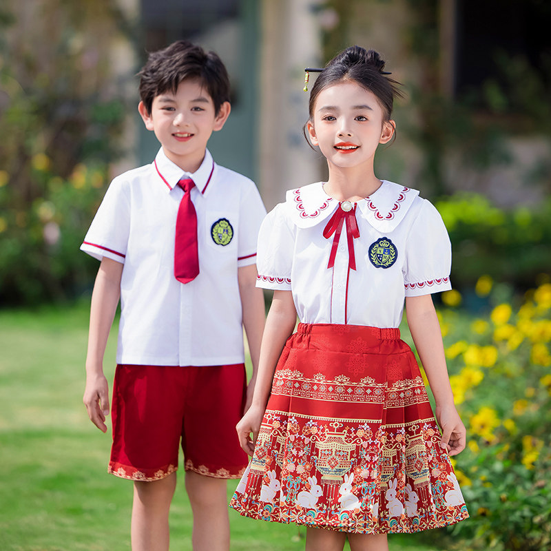 夏季校服儿童套装运动风男女童装短袖纯棉中小学生班服幼儿园园服