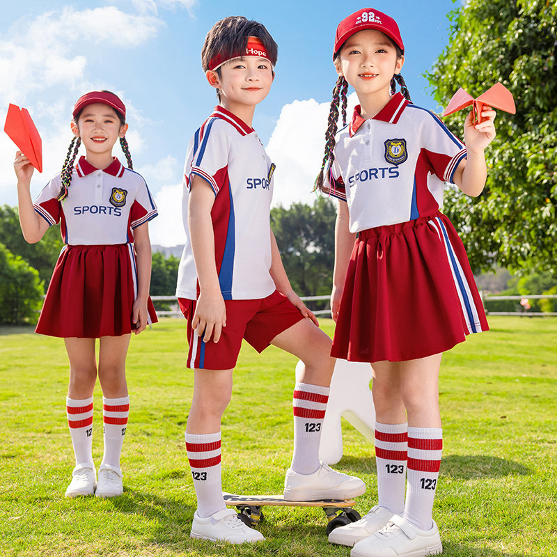 小学生校服红色短袖套装夏