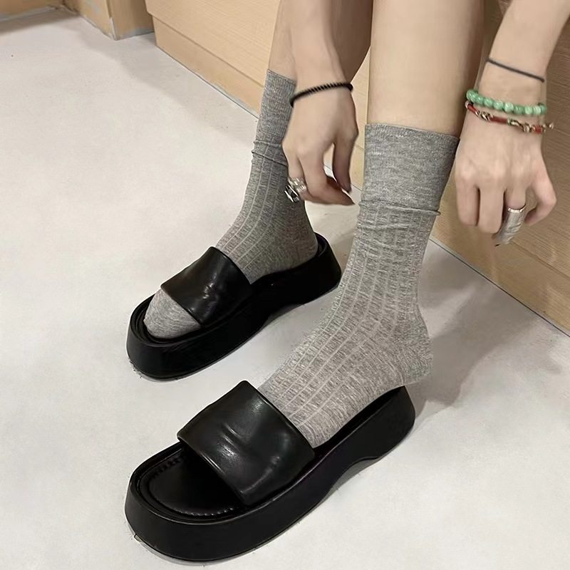 2双装|白色袜子女中筒春夏薄棉中筒袜夏天竖条纹日系运动袜堆堆袜