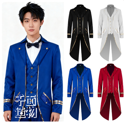 高品情侣装欧美新款万圣节哥特燕尾服中世纪复古中长朋克金边大衣