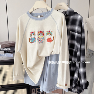 恭喜发财~重工刺绣小猫宽松大码柔软舒适秋季上衣女韩系减龄长袖T