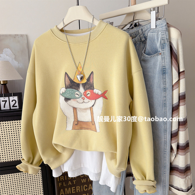 韩系圆领小猫印花加绒短款卫衣
