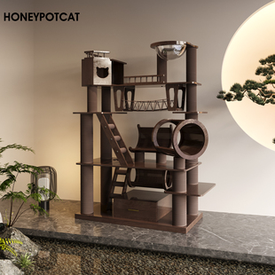 蜜罐猫爬架实木超大型豪华猫别墅奥古曼喷漆黑胡桃木色猫架210606