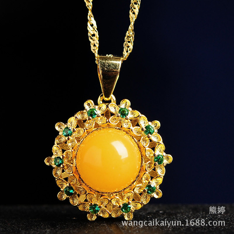 925银镶嵌蜜蜡吊坠 珠宝女款配饰项链琥珀挂坠带证书