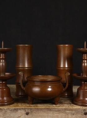铜五供摆件具铜香炉紫铜烛台蜡台铜香筒桶一套家用用品