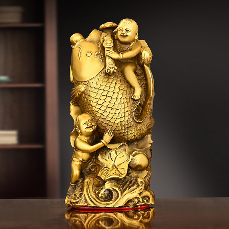 童子戏鱼摆件黄铜五子登科欢笑童子家居桌面装饰连年有余代代有鱼