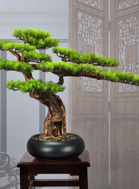 迎客松盆景仿真创意实木新中式绿植盆栽摆件家居玄关酒店软装饰品